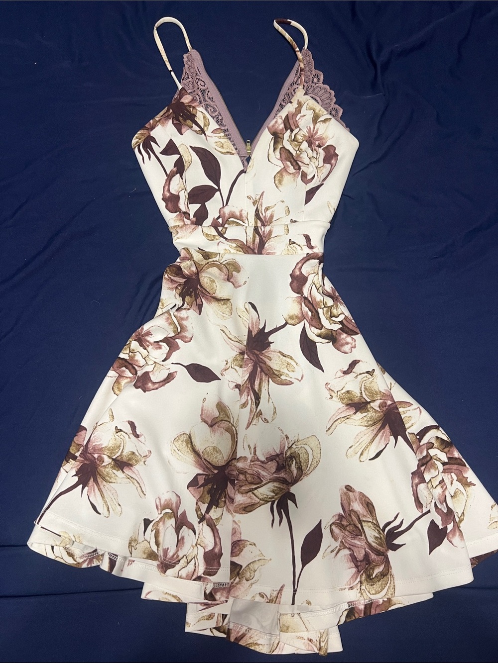 Floral V-Neck A-Line Dress in Cream and Mauve